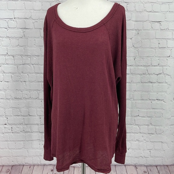 Out From Under Urban Outfitters Side Slit Burgundy Red Thermal Long Sleeve Top - Picture 2 of 8